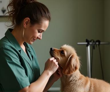 Professional groomer gently caring for a dog