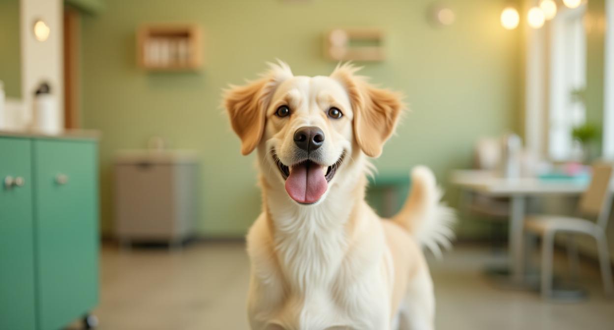 Happy, clean dog at The Pampered Pooch Groomers salon