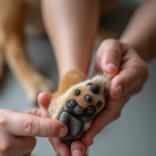 Dog having paws gently trimmed